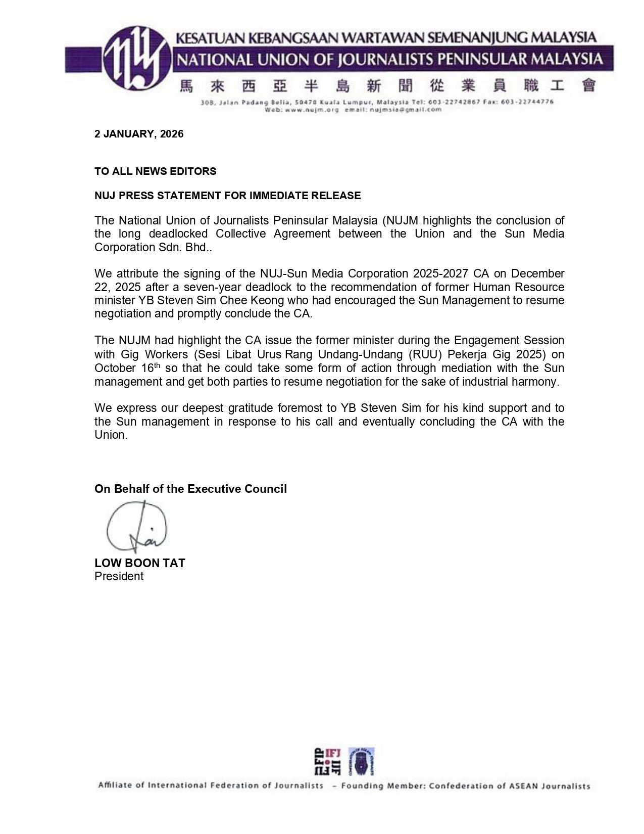 NUJ Press Statement - Sun Media CA 2025-2027